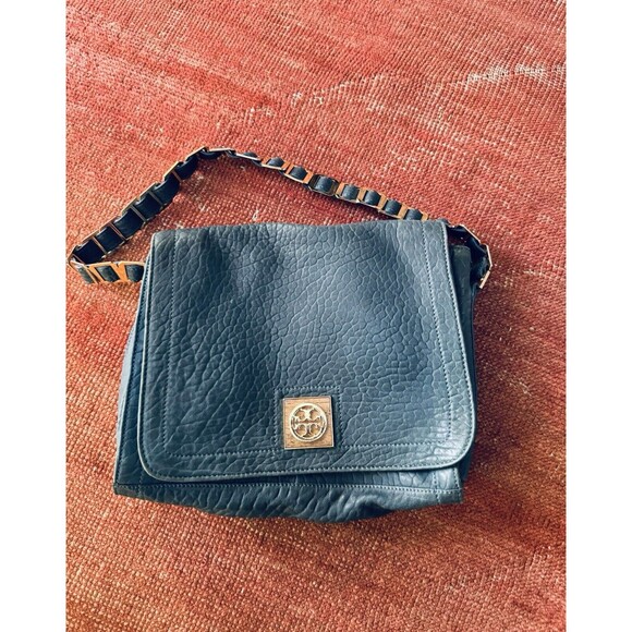 Tory Burch Blue Louisa Messenger Gold Metal Straps Crossbody Bag Purse